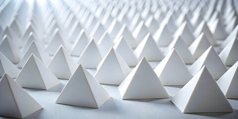 Poster - Abstract Pyramid Pattern: A mesmerizing, minimalistic composition of numerous white pyramids arranged in a repeating pattern, creating a sense of depth and perspective.