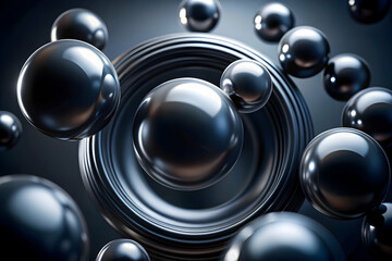 Poster - Abstract Metallic Spheres in Motion:  A captivating abstract image of gleaming metallic spheres floating in a mesmerizing dance against a dark backdrop.