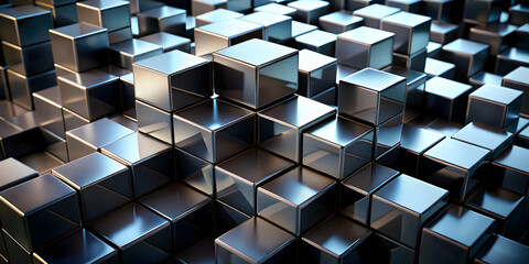 Poster - Metallic Cube Abstract:  An abstract and captivating image of a field of metallic cubes, with a mesmerizing interplay of light and shadow reflecting off the smooth surfaces.