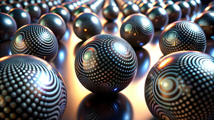 Poster - Abstract Sphere Symphony: Intricate patterns swirl across lustrous, dark spheres, creating a mesmerizing, almost hypnotic visual experience. The interplay of light and shadow adds depth and intrigue.