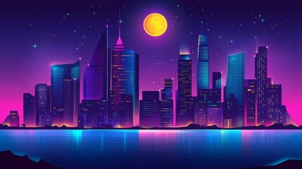 Wall Mural - Neon City Skyline Under a Full Moon