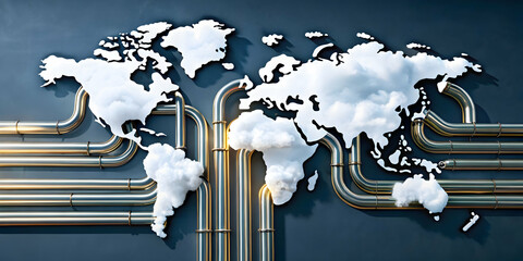 Poster - Global Network: A 3D rendering of a world map formed by clouds, interconnected by a network of gleaming metallic pipes, symbolizing global connectivity and infrastructure.