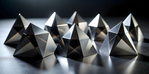 Poster - Geometric Precision: A captivating arrangement of eight gleaming,faceted pyramids.  The sharp angles and reflective surfaces create a sense of order and sophistication.
