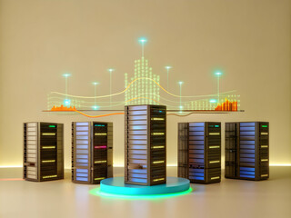 Poster - Data Bridge:  A futuristic visualization of interconnected servers supporting a glowing city, symbolizing the power of data infrastructure and global connectivity.
