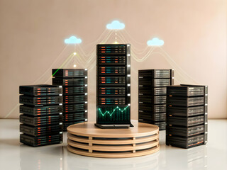 Poster - Cloud Computing Power:  A cluster of powerful servers connected to the cloud symbolizes data storage, security, and scalability. Laptop displays a rising graph, representing growth and progress.  