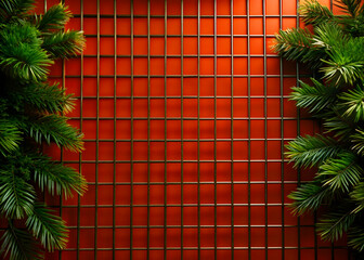 Poster - Green Branches Against Orange Wire Mesh Wall 