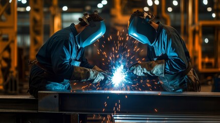 Two Welders Working in Industrial Environment