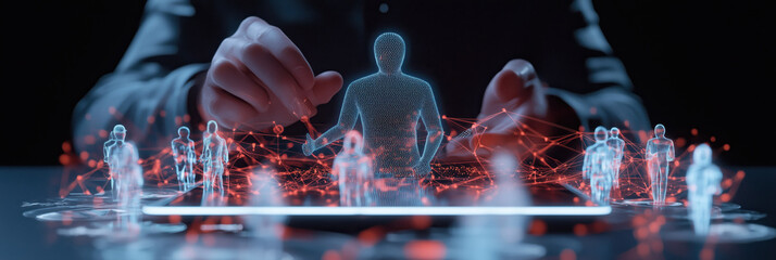 Poster - Digital hologram of businessman interacting with virtual figures