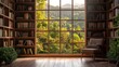 © Johannes - scenic bookshelf background interior home office library study window view of trees and hills backdrop. Rustic wood bookshelves in cozy room. Virtual online presentation teams meeting room background