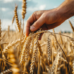 close up of hand gently holding ripe wheat stalks in golden field, showcasing beauty of agriculture and harvest season. warm sunlight enhances serene atmosphere