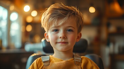 A young boy with a gentle smile sits in a warm, softly lit room, creating a cozy and inviting atmosphere useful for child-focused content, family-oriented promotions, or educational materials,