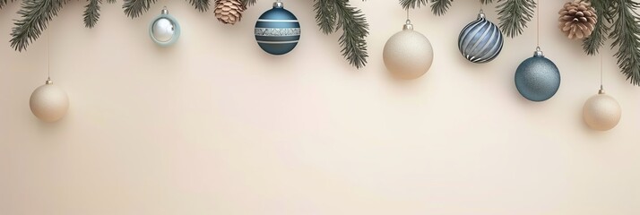 christmas decorations with pine branches, ornaments, and pine cones on beige background banner