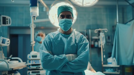Aufkleber - A man in a hospital setting wearing a surgical mask and a blue gown