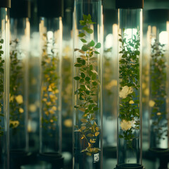 captivating display of green plants thriving in transparent test tubes, showcasing natures beauty and resilience. arrangement highlights intricate details of each plant, creating serene and inspiring