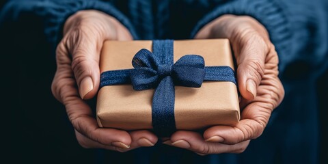 A middle-aged woman's hands carefully hold a wrapped gift with a dark blue ribbon, symbolizing charity donation on Boxing Day