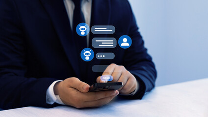 Poster - Customer service, helpdesk advice online chat support. Contact us for online support. Business person watching on virtual screen.