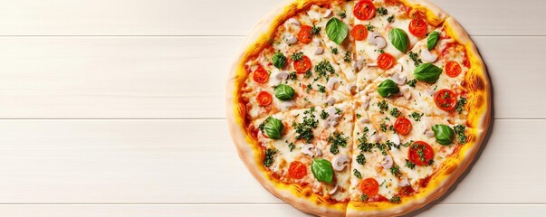 Wall Mural - Margarita pizza herbs, vibrant toppings, golden crust, 3D illustration