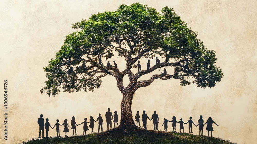 A tree with people shapes cut out of its trunk and branches, A family ...