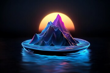Poster - A mystical mountain range glowing with vibrant colors, as the sun sets behind it, casting magical light over the landscape, blending nature with fantasy.
