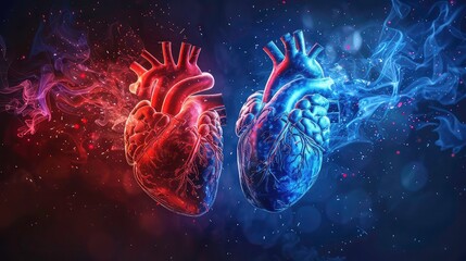 Two anatomical hearts, one red and fiery, the other blue and icy, surrounded by swirling smoke on a dark background.