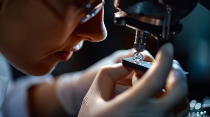 Poster - a woman is looking at a diamond under a microscope