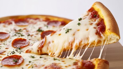 Wall Mural - Pizza slice lifted, cheese strands stretching, herbs sprinkled, 3D illustration