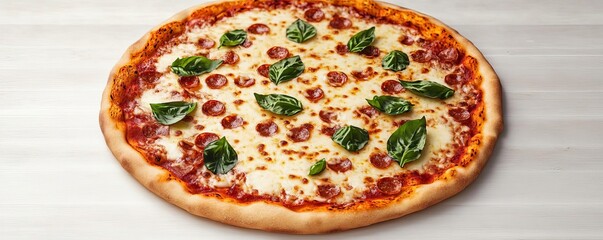 Wall Mural - Pizza with basil leaves, melted mozzarella, crisp crust, 3D illustration