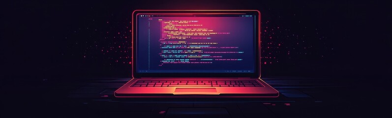 Laptop computer with program code on screen in dark room