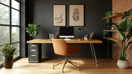 Minimalist small office interior with a focus on simplicity, ergonomic furniture, and subtle decor that adds character without overwhelming the space