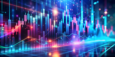 Poster - Digital Currency: A mesmerizing abstract visualization of financial growth with vibrant neon lines, gradients, and glowing data points against a deep, dark background.