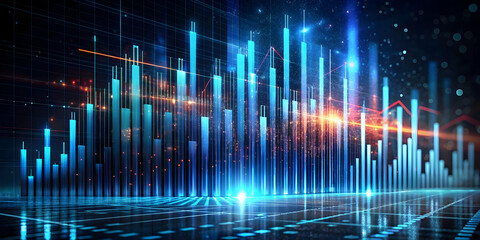 Poster - Digital Surge: Abstract visualization of financial data and market trends, depicted as vibrant, dynamic bars and lines against a dark, futuristic backdrop.  A powerful image representing growth.