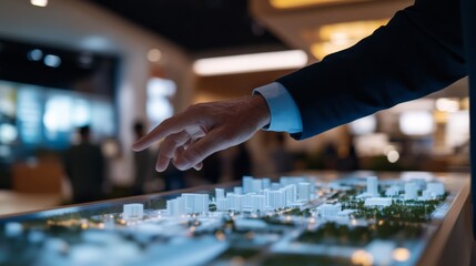 Poster - In a sleek conference room, a business professional uses a touch-enabled display to point out key infrastructure features on a 3D city model, facilitating urban planning discussions