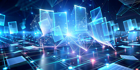 Poster - Digital Matrix: Abstract Network of Glowing Blue Cubes 