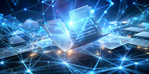 Poster - Digital Knowledge Network: A mesmerizing abstract concept of interconnected digital books floating in a futuristic cyberspace.