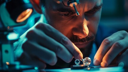 Poster - a man is looking at a diamond under a microscope