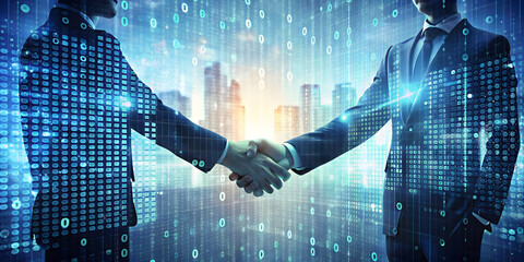 Poster - Digital Handshake: Two businessmen shake hands in front of a futuristic cityscape, symbolizing a powerful collaboration and the merging of minds. The background is a mesmerizing digital matrix.