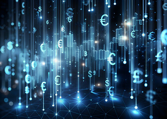 Poster - Global Currency Rain: A mesmerizing abstract background depicting a digital downpour of various currencies, illuminating a financial landscape.