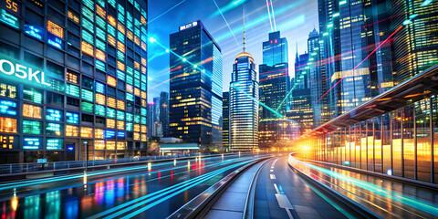 Poster - Night cityscape, vibrant city, financial district, urban technology 