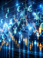Poster - Global Finance: A dynamic and intricate visual representation of the global financial market, featuring currency symbols and fluctuating graphs in a visually captivating abstract design.