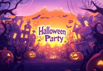 Wall Mural - a halloween party, with a purple and orange gradient background featuring cartoon halloween icons li