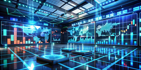 Poster - Global Network Control Center: Futuristic digital interface displays global market data, network connections, and technological advancements.