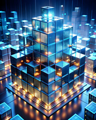 Poster - Cyber City Metropolis: Glowing Cubes Form a Futuristic Skyscraper in a Digital Cityscape.  A mesmerizing 3D render of a futuristic metropolis built from illuminated glass cubes
