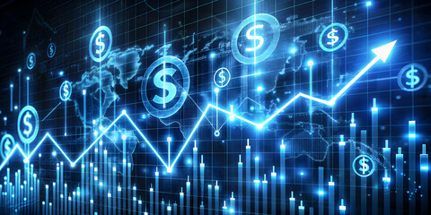 Poster - Financial Growth and Global Expansion: A dynamic upward trend graph, illuminated by glowing dollar signs, symbolizes global financial success and expansion.  