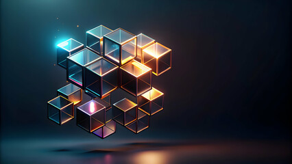 Poster - Abstract Data Structure: A mesmerizing 3D rendering of geometric cubes with glowing edges, representing the intricate interconnectedness of data and technology in a contemporary abstract style.  