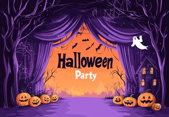 Wall Mural - a purple and orange gradient background with a black stage curtain, text 