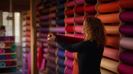 Poster - A customer in a fabric store examines a deep red velvet roll from a wall rack. The background showcases fabric rolls in various pastel and vibrant colors, creating a warm ambiance