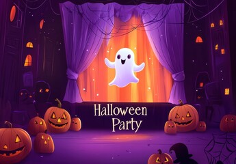 Wall Mural - halloween party background with stage, purple and orange gradient color, cartoon style, cute little 