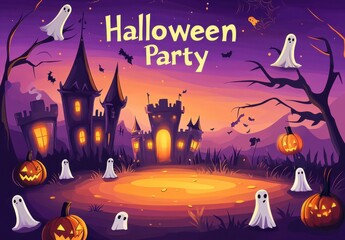 cute simple cartoon illustration of a Halloween party stage with text 