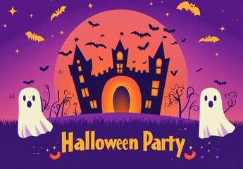 Wall Mural - cute simple cartoon illustration of a halloween party stage with text 