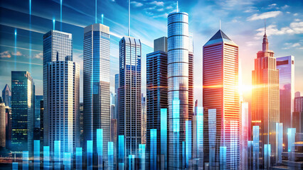 Poster - Cityscape of Progress: A vibrant cityscape, illuminated by the rising sun,  surrounded by dynamic blue and green lines, symbolizing the growth, innovation.